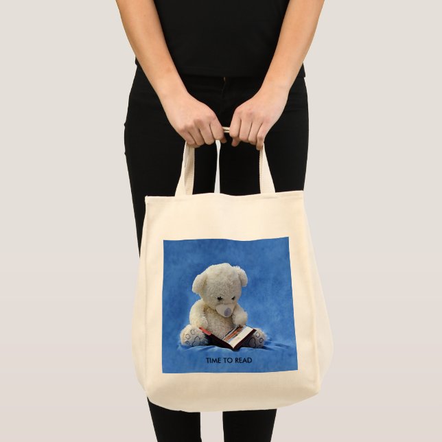 Bolsa Tote Tempo do Urso de Teddy para Ler Animais Azuis Ench (Frente (produto))