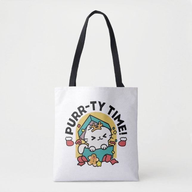 Bolsa Tote Tempo Puro! - Design de Natal para Gatos Festivos (Frente)