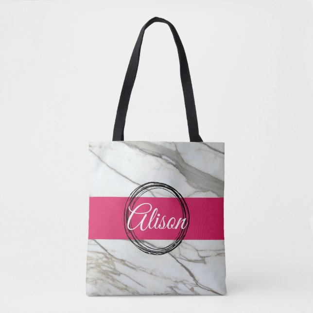 Bolsa Tote Tendência branco mármore cor-de-rosa preto mulhere (Frente)