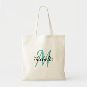 Bolsa Tote Tendência Clássica do Monograma Simples Azul e Pre