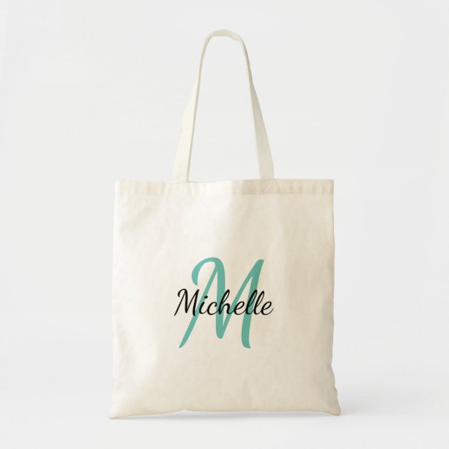 Bolsa Tote Tendência Clássica do Monograma Simples Azul e Pre (Frente)