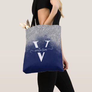 Bolsa Tote Tendência de Monograma Azul com Marinho Glitter S