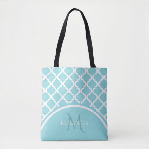 Bolsa Tote Tendência Grande Aqua Quatrefoil Monongrama e Nome