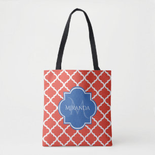 Bolsa Tote Tendência Vermelho Quatrefoil Azul Monograma e Nom