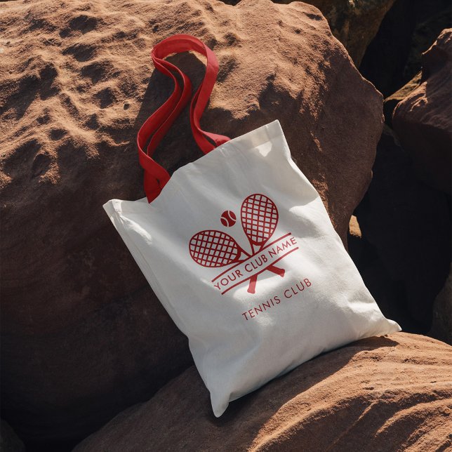 Bolsa Tote Tênis Club Name Sports Team Swag Personalizado (Tennis Icons Custom Tote Bag with Red Handles)