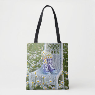 Bolsa Tote tênis roxos com margaridas