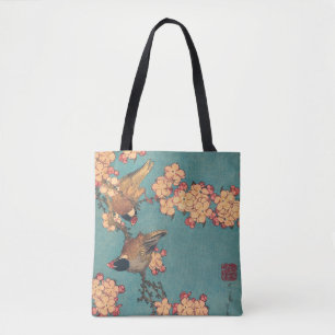 Bolsa Tote Tentilhão-de-bico-grosso de Hokusai e Flor de Cere