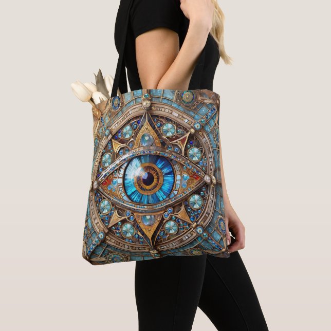 Bolsa Tote Terceiro Olho - Mandala Dourada Turquesa Azul (Close Up)