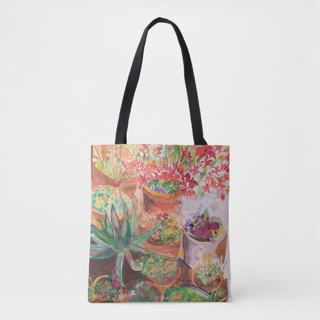 Bolsa Tote Terracotta floresce em uma bolsa. (Frente)