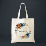 Bolsa Tote Terracotta Marinho Greenery Geométrico Bridesmaid<br><div class="desc">Elegante azul-Marinho,  Terracotta,  Teatro floral de Orange Terthy Bridesmaid presente tote saco com buquê elegante de azul-Marinho,  rosas de cor Terracotta e folhas verdes de eucalipto. Entre em contato comigo para obter ajuda sobre a personalização ou se você precisar de outro produto com este design.</div>
