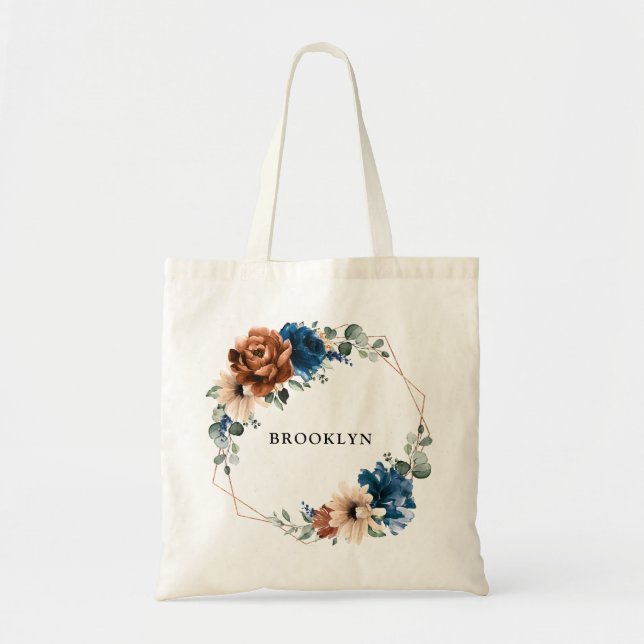 Bolsa Tote Terracotta Marinho Greenery Geométrico Bridesmaid  (Frente)