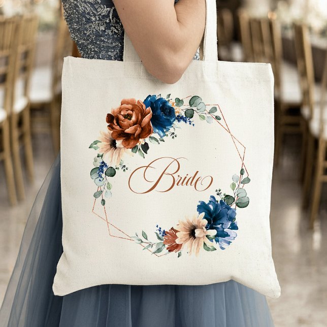 Bolsa Tote Terracotta Marinho Greenery Noiva Geométrica (Terracotta Navy Greenery Geometric Wedding Bride Tote Bag)