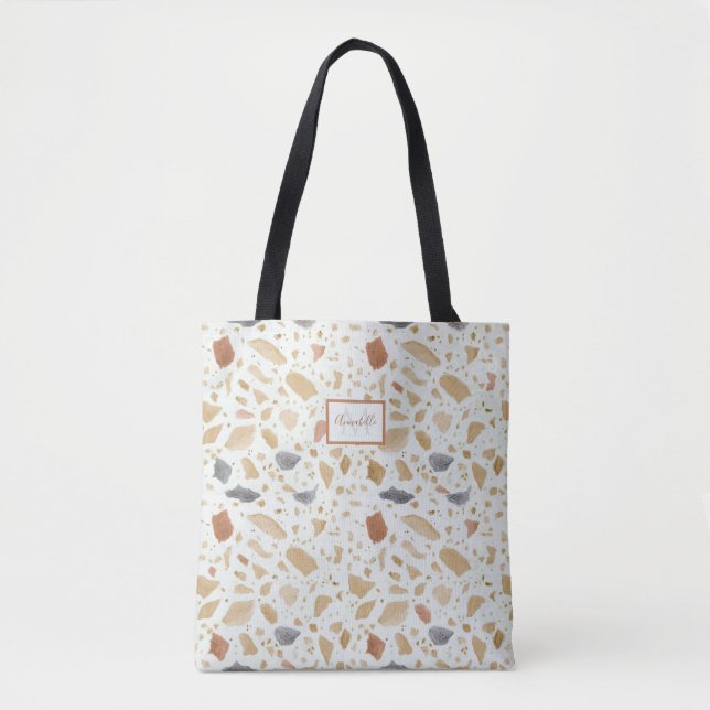 Bolsa Tote Terracotta Terrazo Modern Abstrato w Nome do Monog (Frente)
