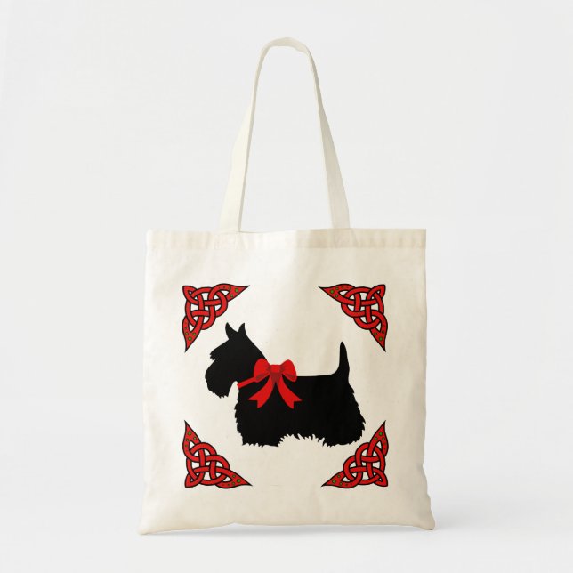 Bolsa Tote Terrier Escocês preto, trança celta vermelha, laço (Frente)