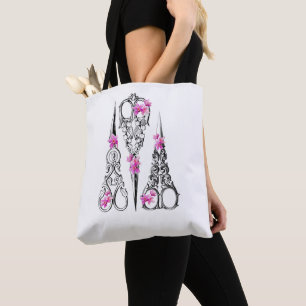 Bolsa Tote Tesoura Floral Vintage para Costureiras e Cabelere