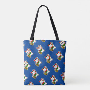 Bolsa Tote Teste padrão afortunado japonês azul do gato