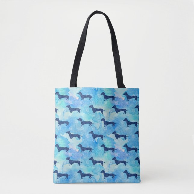 Bolsa Tote Teste padrão azul do Dachshund da aguarela do (Frente)