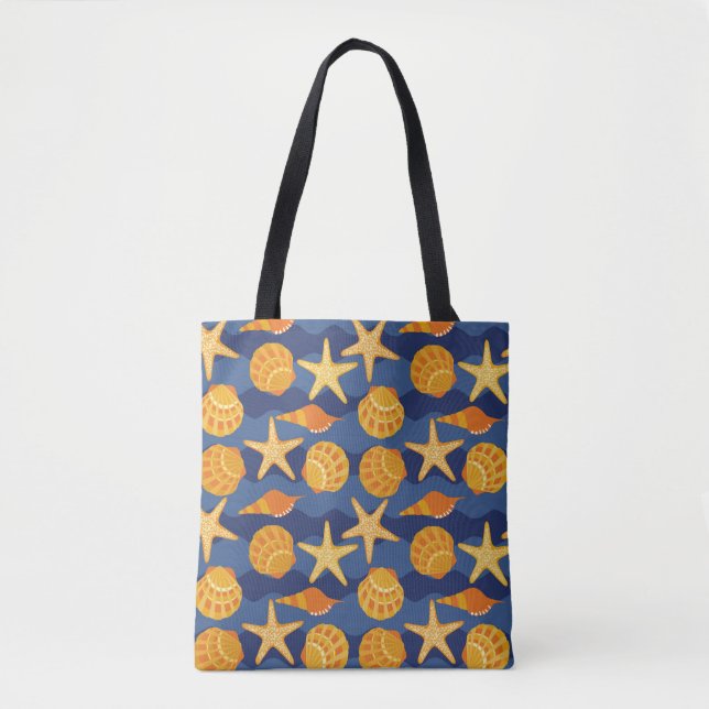 Bolsa Tote Teste padrão azul e alaranjado do Seashell (Frente)
