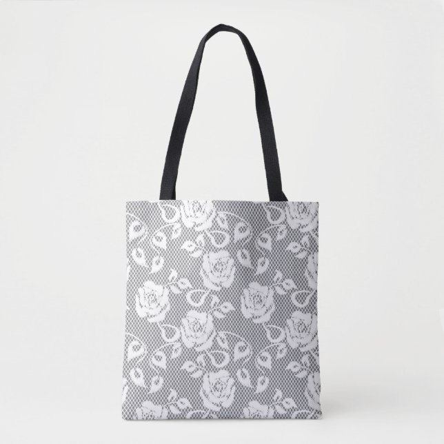 Bolsa Tote Teste padrão branco do laço no fundo cinzento (Frente)