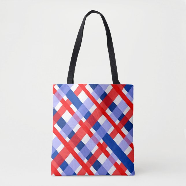 Bolsa Tote teste padrão branco e azul vermelho da xadrez (Frente)