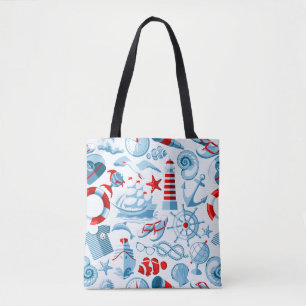 Bolsa Tote Teste padrão branco e azul vermelho náutico
