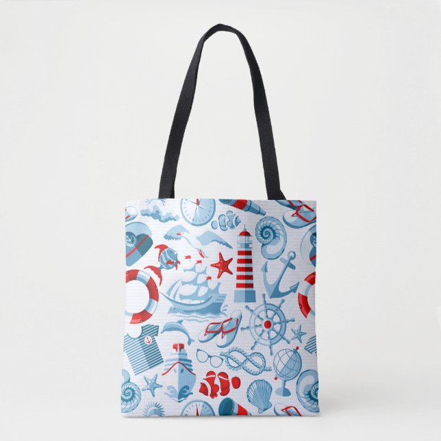 Bolsa Tote Teste padrão branco e azul vermelho náutico (Frente)