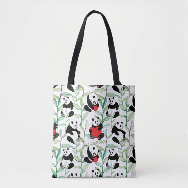 Bolsa Tote teste padrão com as pandas bonitas com corações (Frente)