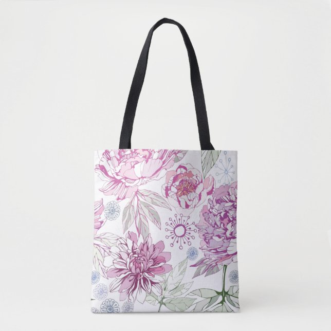 Bolsa Tote Teste padrão com flores cor-de-rosa (Frente)