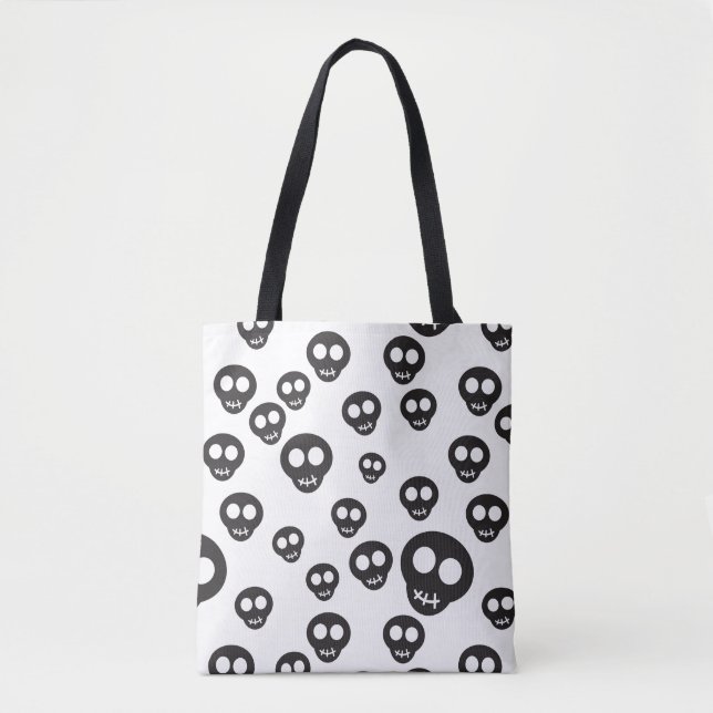 Bolsa Tote Teste padrão com os crânios pretos no branco (Frente)