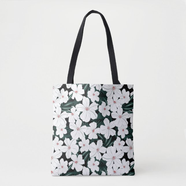 Bolsa Tote Teste padrão de flores tropical branco (Frente)