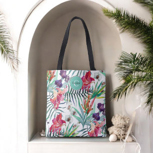 Bolsa Tote Teste padrão e monograma florais tropicais do