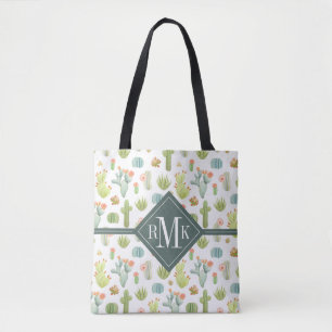 Bolsa Tote Teste padrão ereto do cacto bonito do monograma  