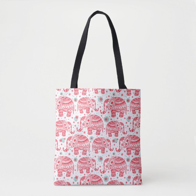 Bolsa Tote Teste padrão étnico vermelho do elefante (Frente)