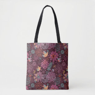 Bolsa Tote Teste padrão floral abstrato com pássaros