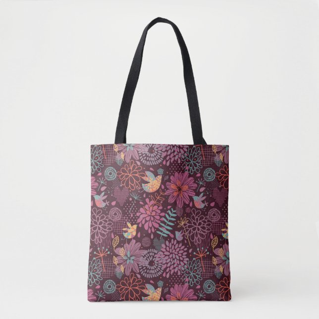 Bolsa Tote Teste padrão floral abstrato com pássaros (Frente)