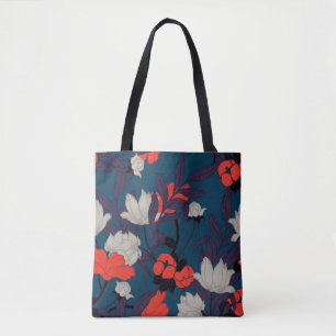 Bolsa Tote Teste padrão floral azul & vermelho elegante