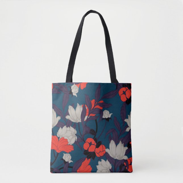 Bolsa Tote Teste padrão floral azul & vermelho elegante (Frente)