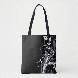 Bolsa Tote Teste padrão floral cinzento no preto