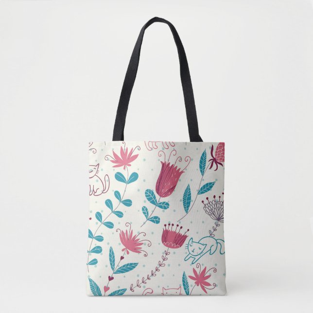 Bolsa Tote Teste padrão floral com gatos dos desenhos (Frente)