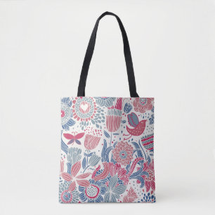 Bolsa Tote Teste padrão floral com pássaro e borboleta