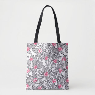 Bolsa Tote Teste padrão floral com pássaros dos desenhos