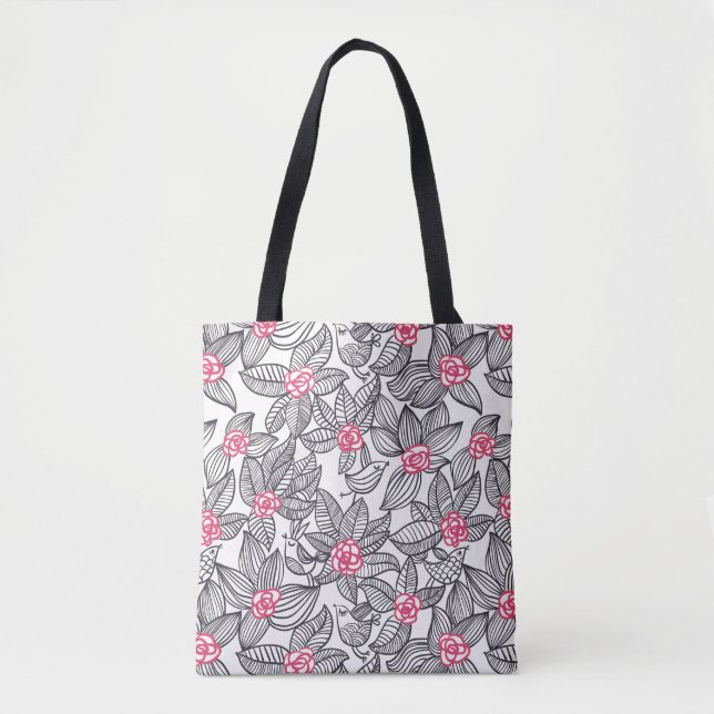 Bolsa Tote Teste padrão floral com pássaros dos desenhos (Frente)