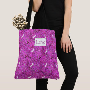 Bolsa Tote Teste padrão floral roxo. Nome