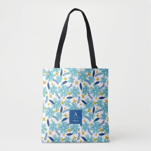 Bolsa Tote Teste padrão floral tropical branco azul - (Frente)