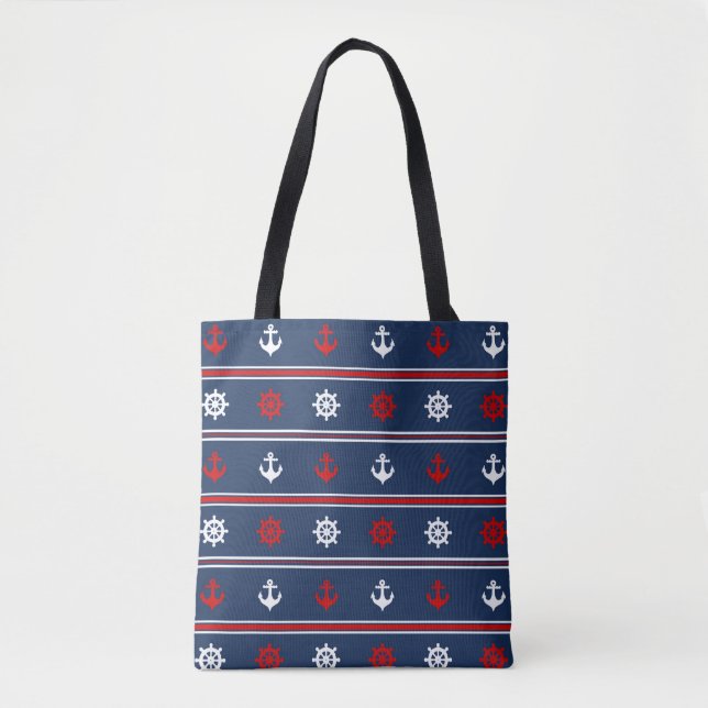 Bolsa Tote Teste padrão náutico branco e azul vermelho (Frente)