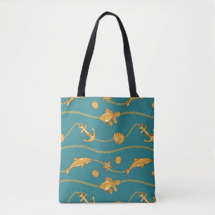 Bolsa Tote Teste padrão náutico Dourado