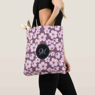 Bolsa Tote Teste padrão retro roxo floral. Monograma