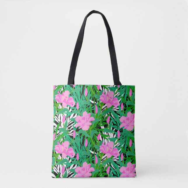 Bolsa Tote Teste padrão tropical com flores da selva (Frente)