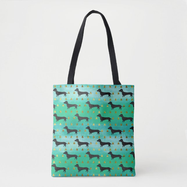 Bolsa Tote Teste padrão verde e Dourado do Dachshund (Frente)