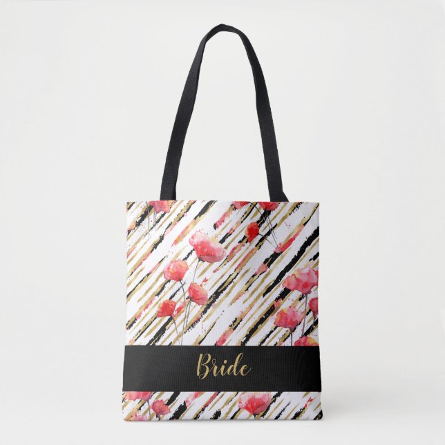 Bolsa Tote Teste padrão vermelho branco preto Dourado da (Frente)